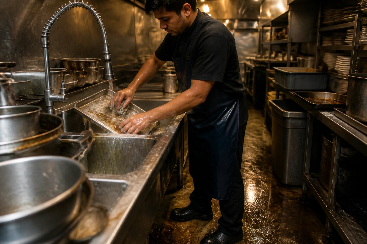 Kitchen porter at a sink scrubbing pans with wet hands and sturdy non-slip shoes