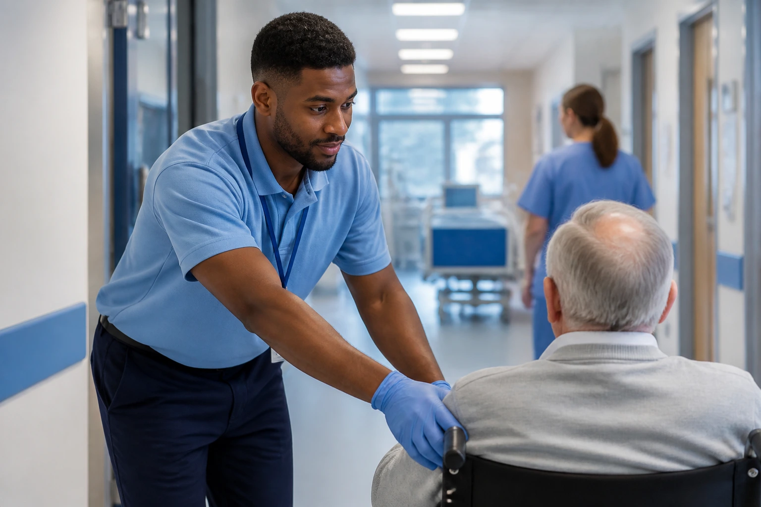 Hospital porter aiding a patient in a busy corridor