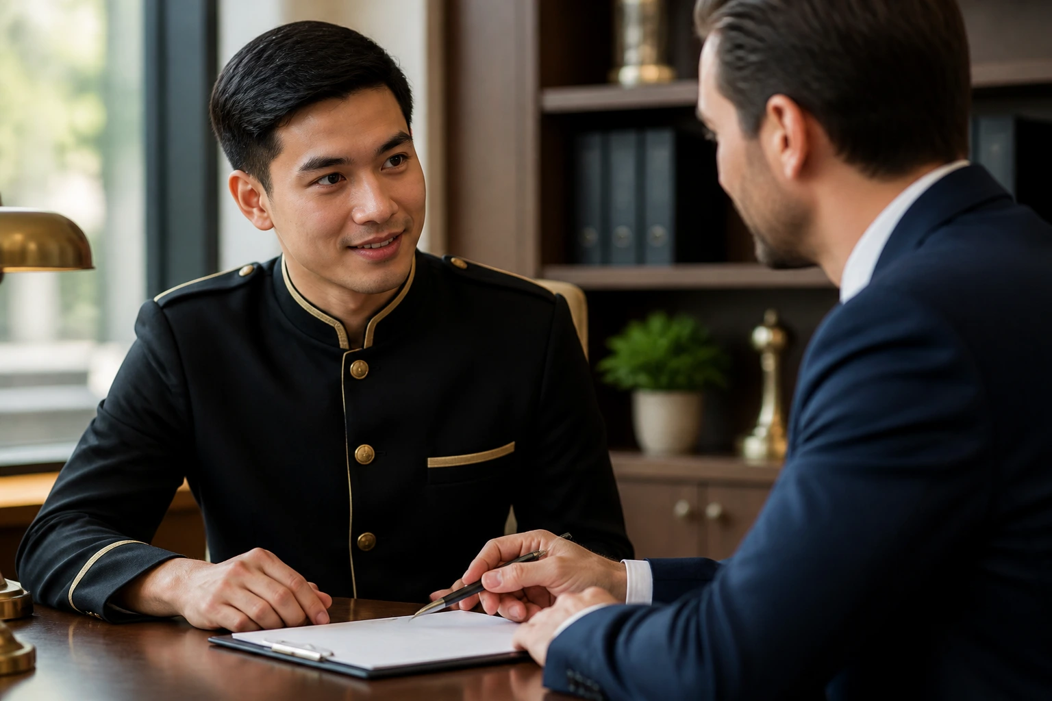 Hotel porter discussing sponsorship with a manager in an office setting