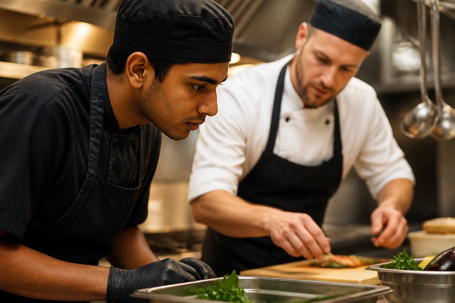 Kitchen porter focusing while a chef demonstrates at a prep station