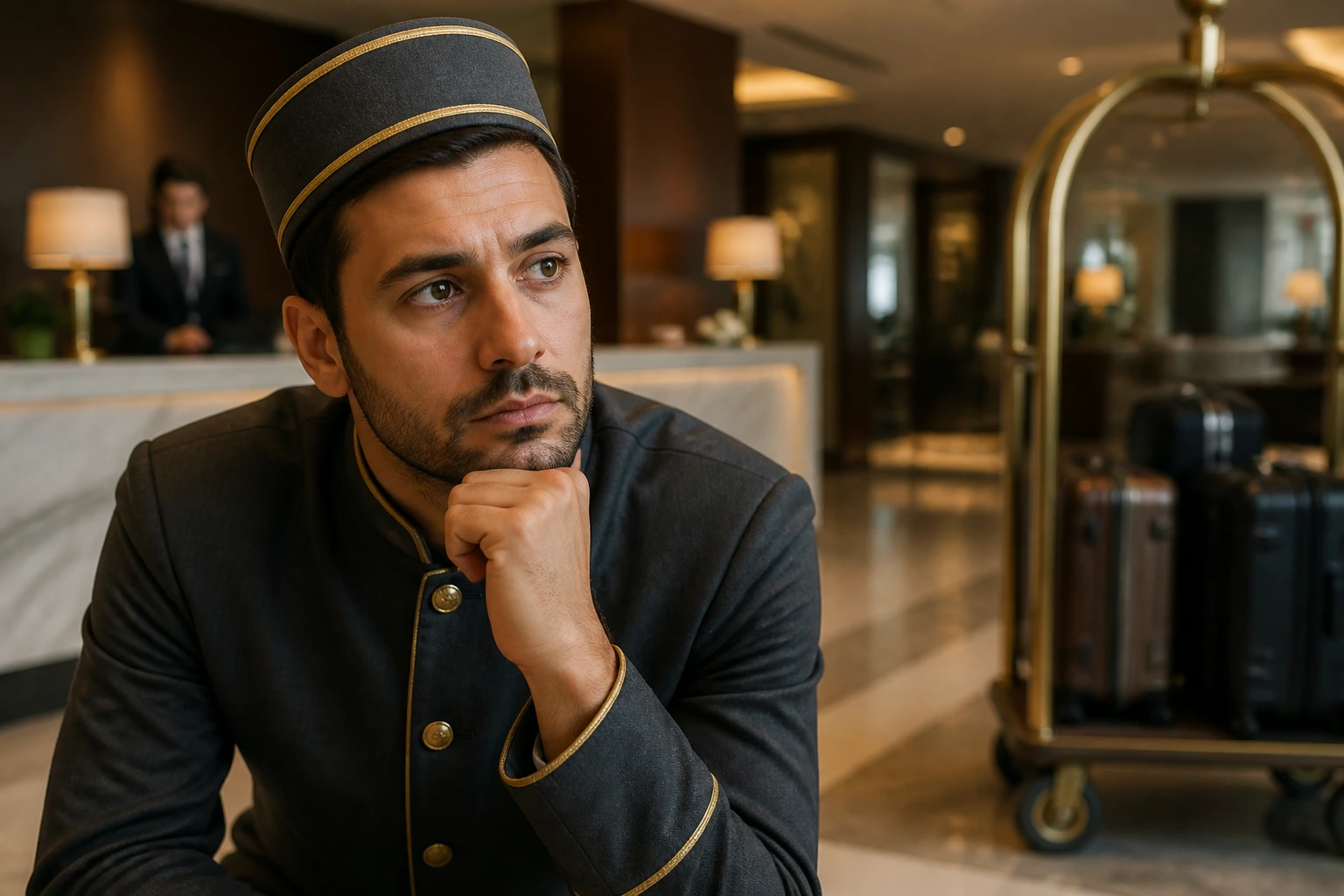 Portrait of a hotel porter in a UK lobby, thoughtful expression