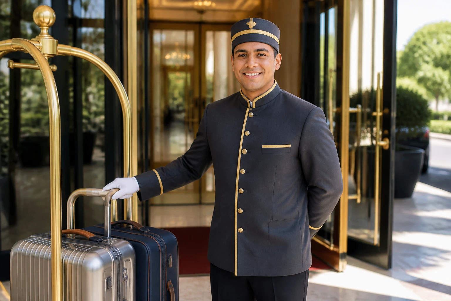 Hotel porter at grand entrance prepared to assist guests