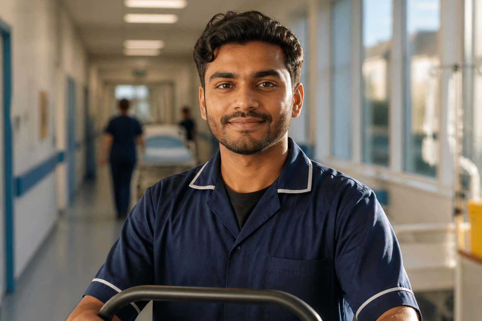 Portrait of a hospital porter in a bright corridor with a hopeful expression