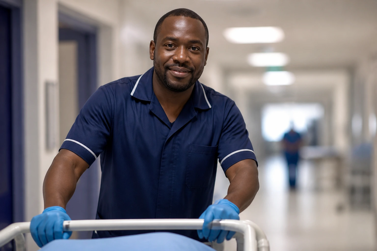 Portrait of a hospital porter in uniform in a corridor, conveying calm competence.