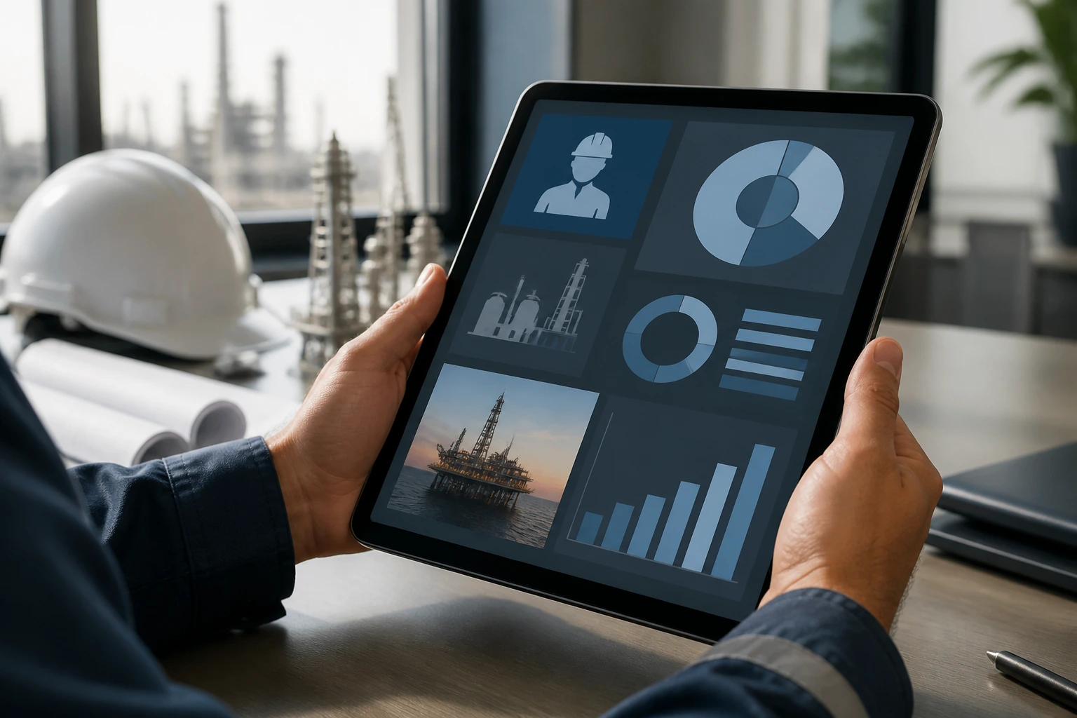 Hands holding tablet with abstract portfolio visuals in a modern office