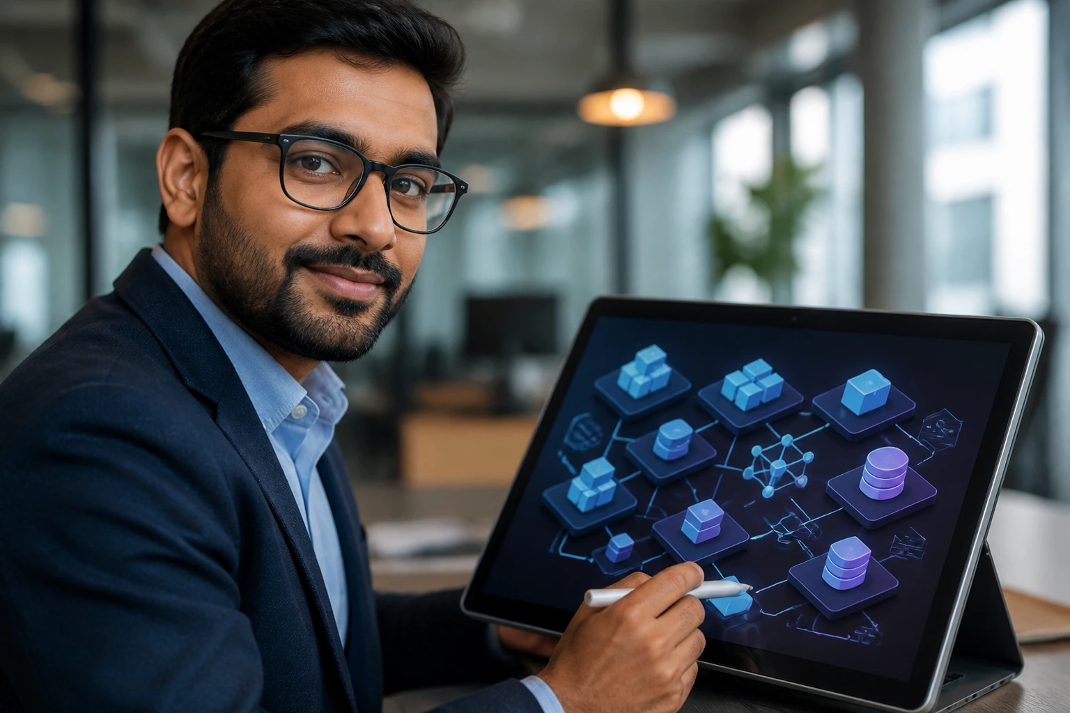 Portrait of a professional with a portfolio demonstrating business value through system design concepts