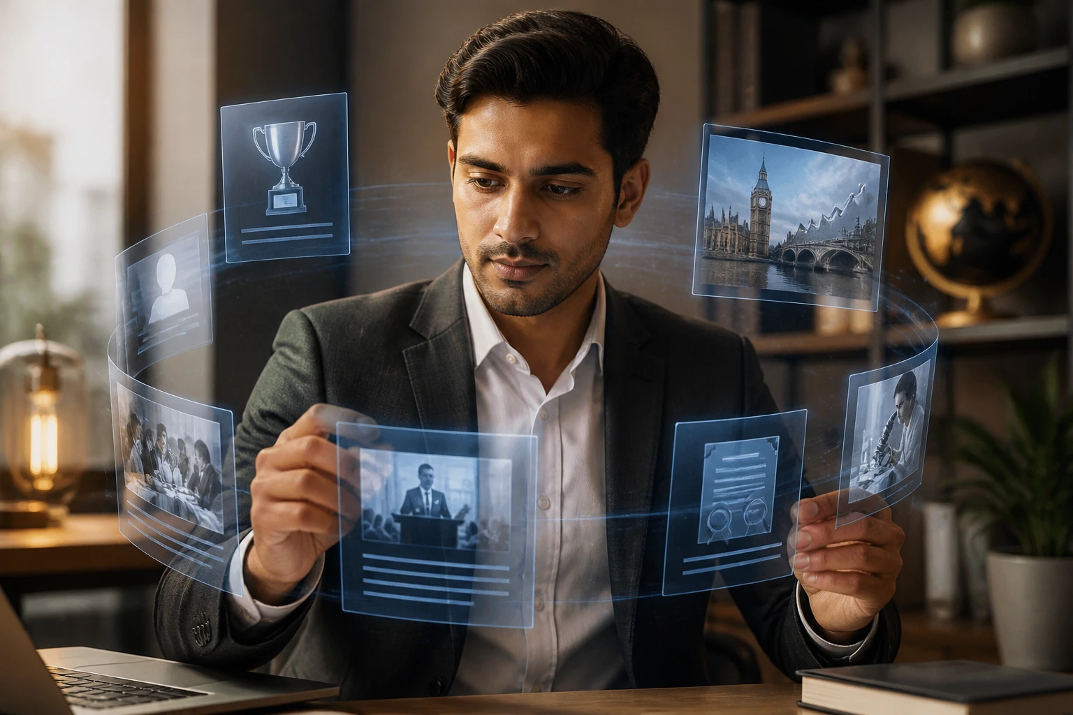 Professional with floating abstract documents suggesting a curated portfolio