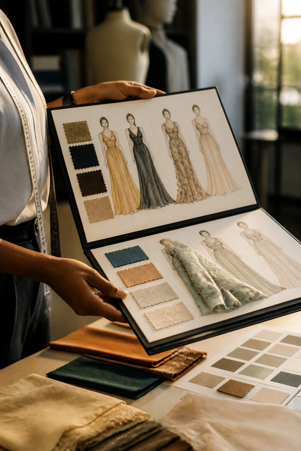 Close-up of a dressmaker's hands holding a portfolio with fashion sketches and fabric swatches in a warm studio, no text visible