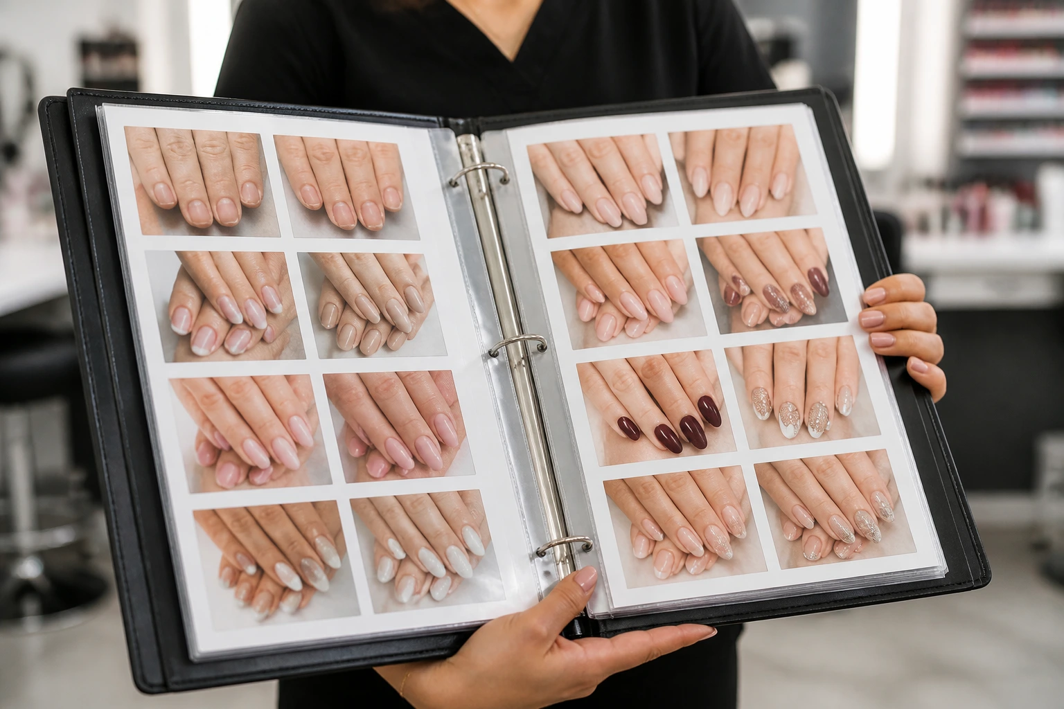 Open nail portfolio binder showing clear photos in salon setting