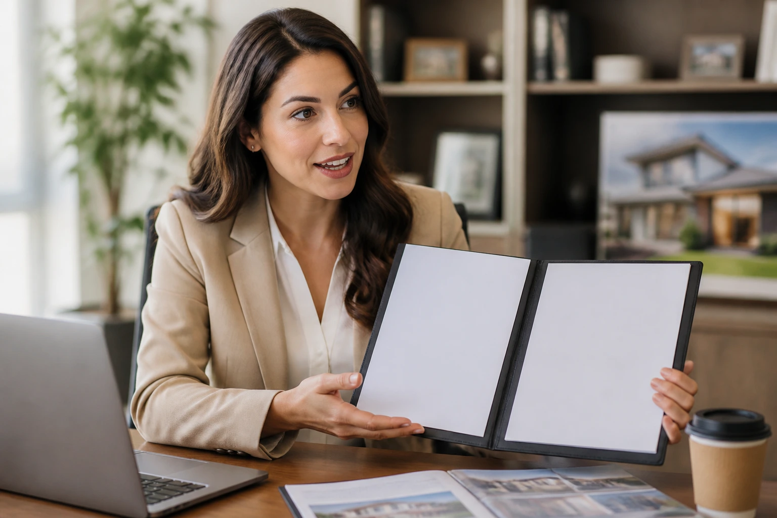 Medium close-up of a real estate professional with a blank- pages portfolio in a warm office.
