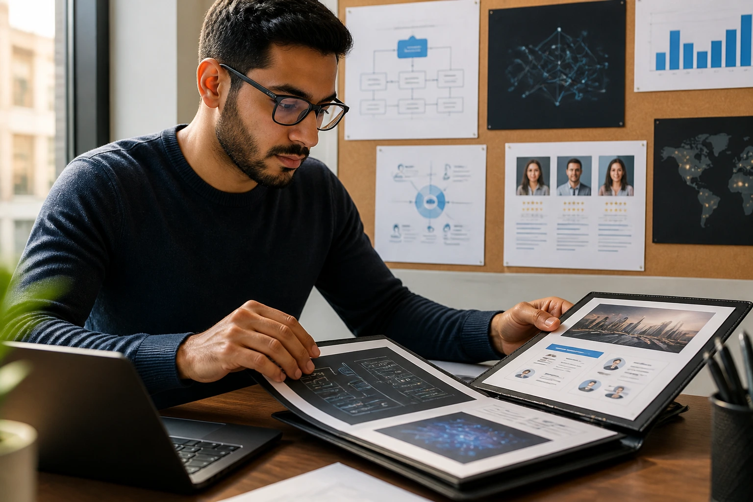 Close-up of a professional at a desk with abstract diagrams on a corkboard behind.