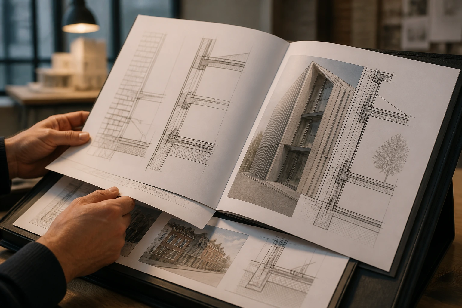 Hands turning pages of a technical design portfolio with architectural drawings