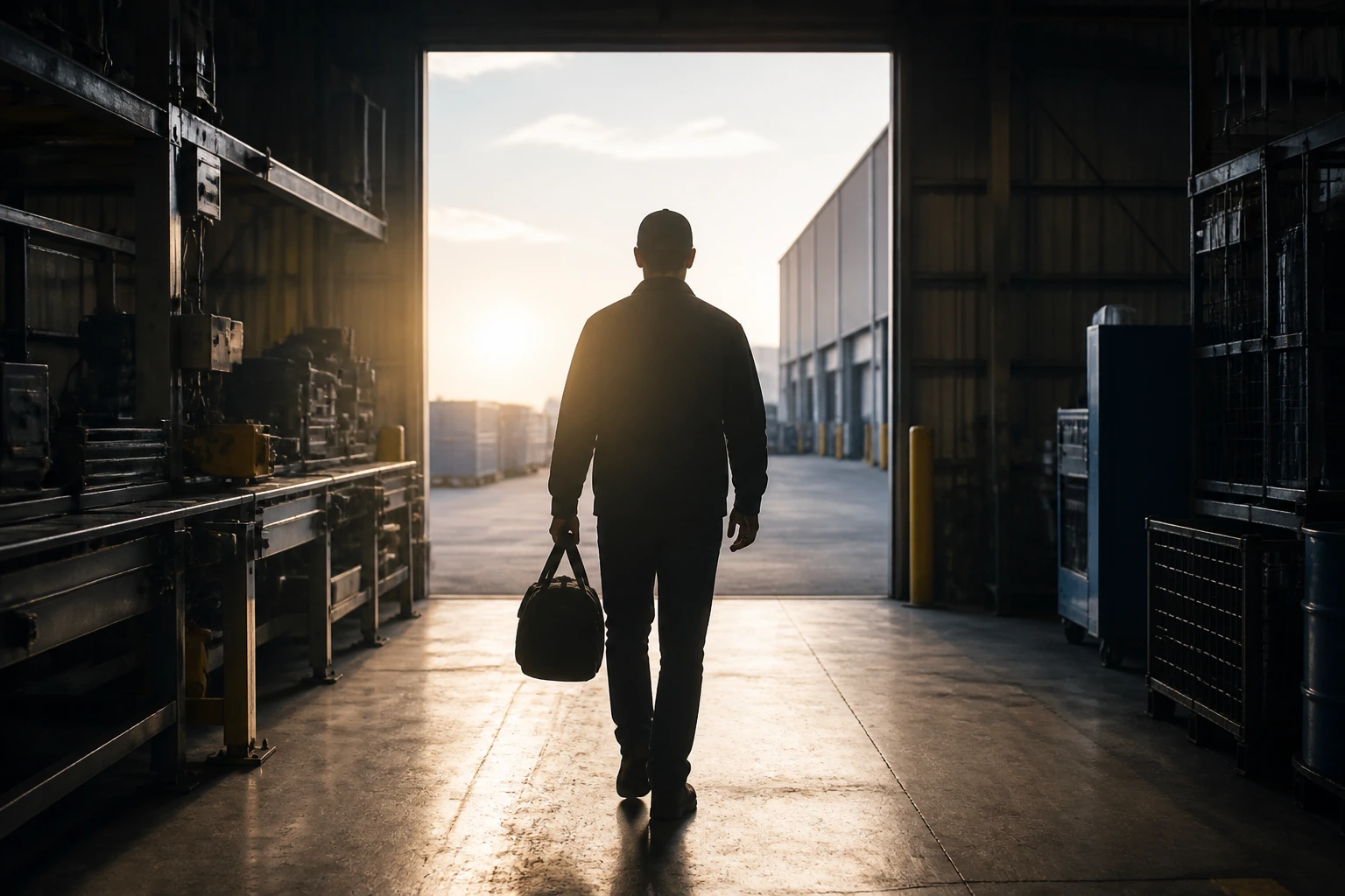 Worker walking out of a factory toward daylight, symbolizing post-contract outcomes.