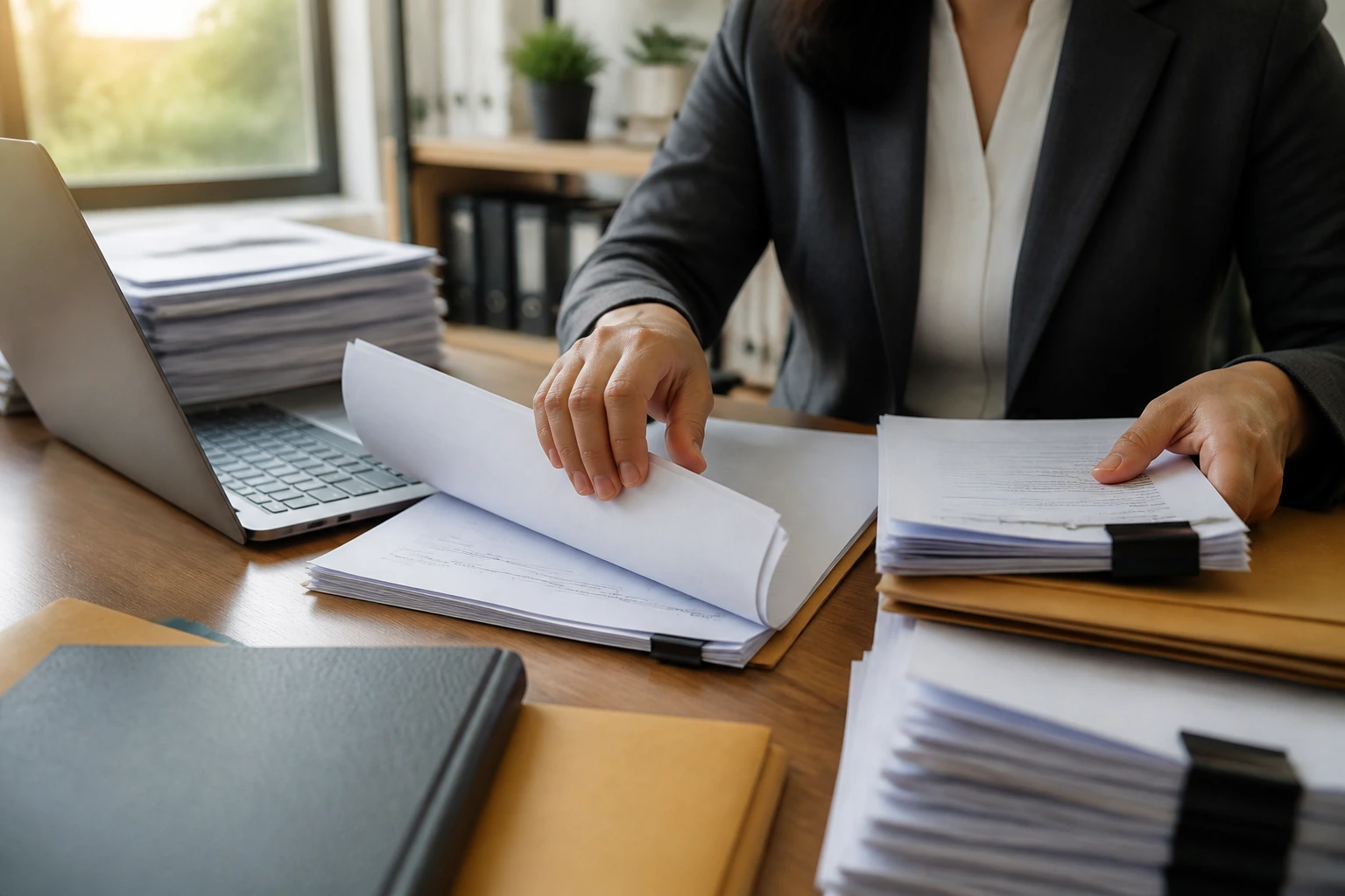 Close-up of a professional organizing post-filing documents in an office