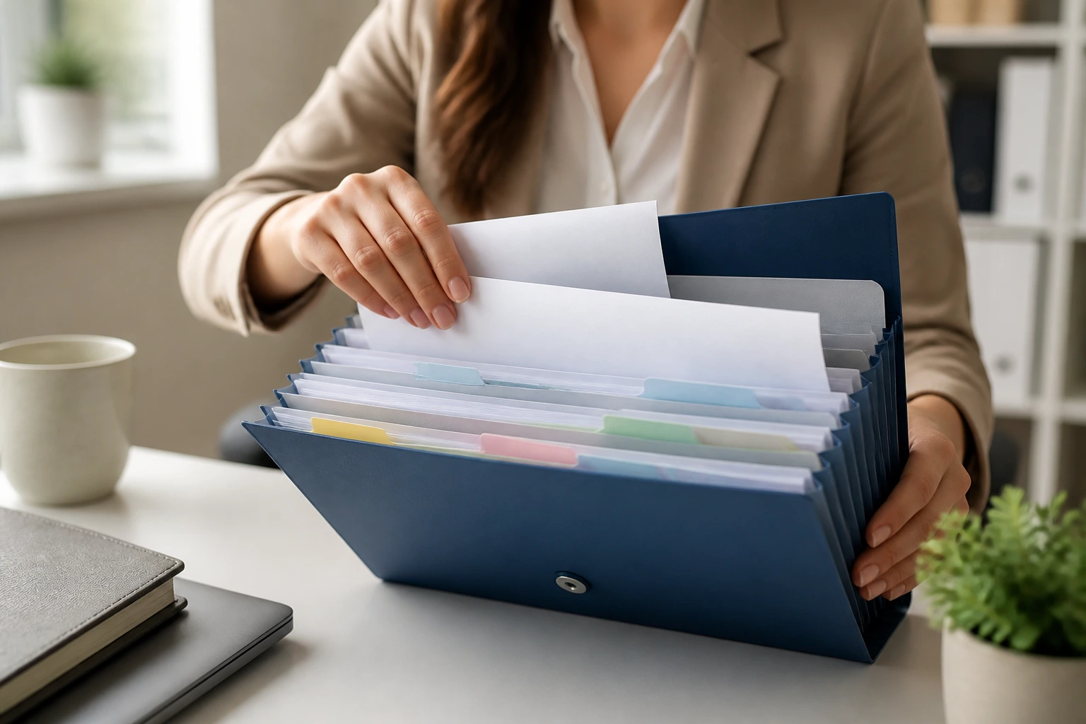 Person organizing a folder of documents after a job offer in an office.