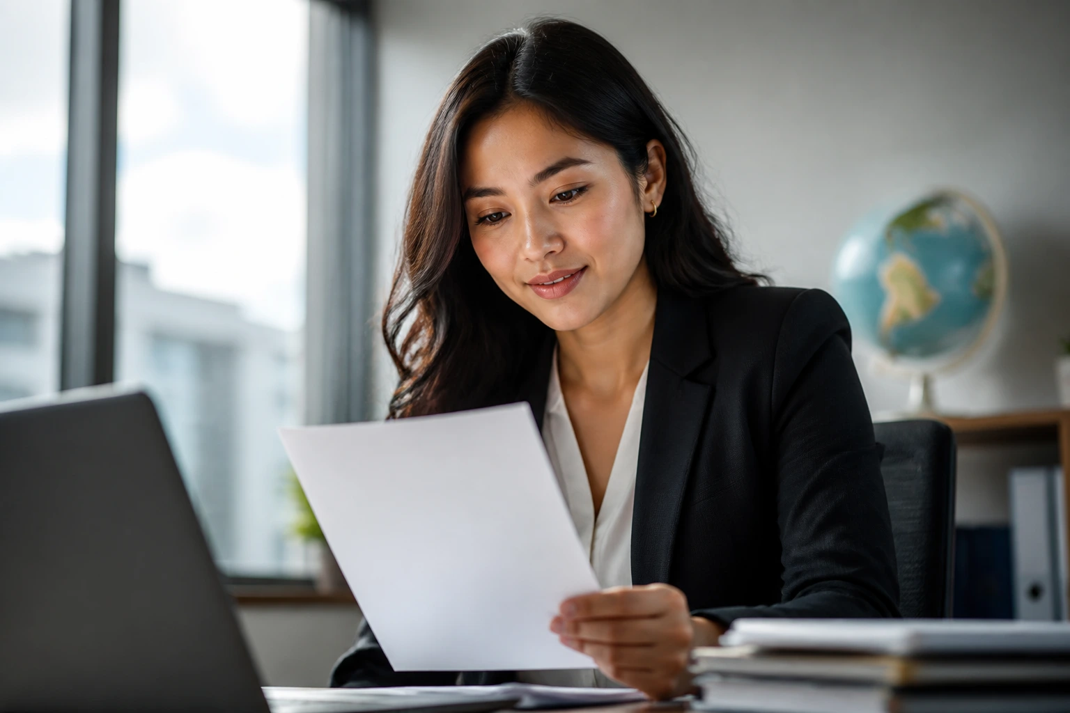 Close-up portrait of an office professional reflecting on post-offer steps with laptop and documents in background