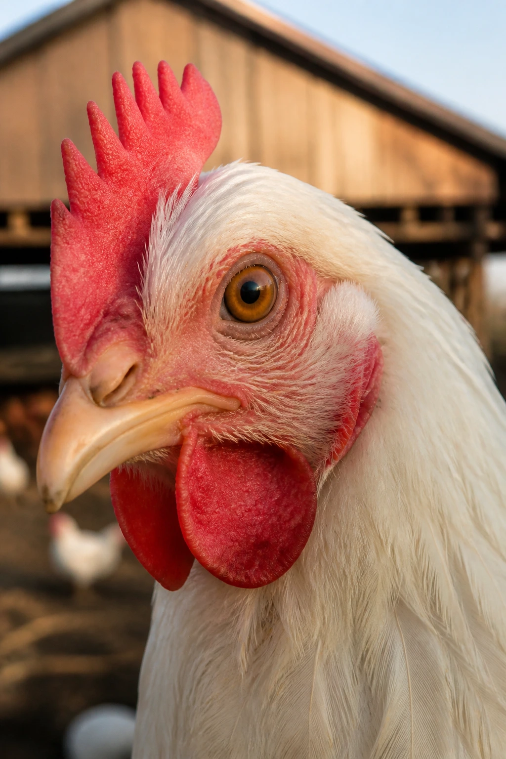 Close-up of a chicken head in a farm setting representing the US poultry industry