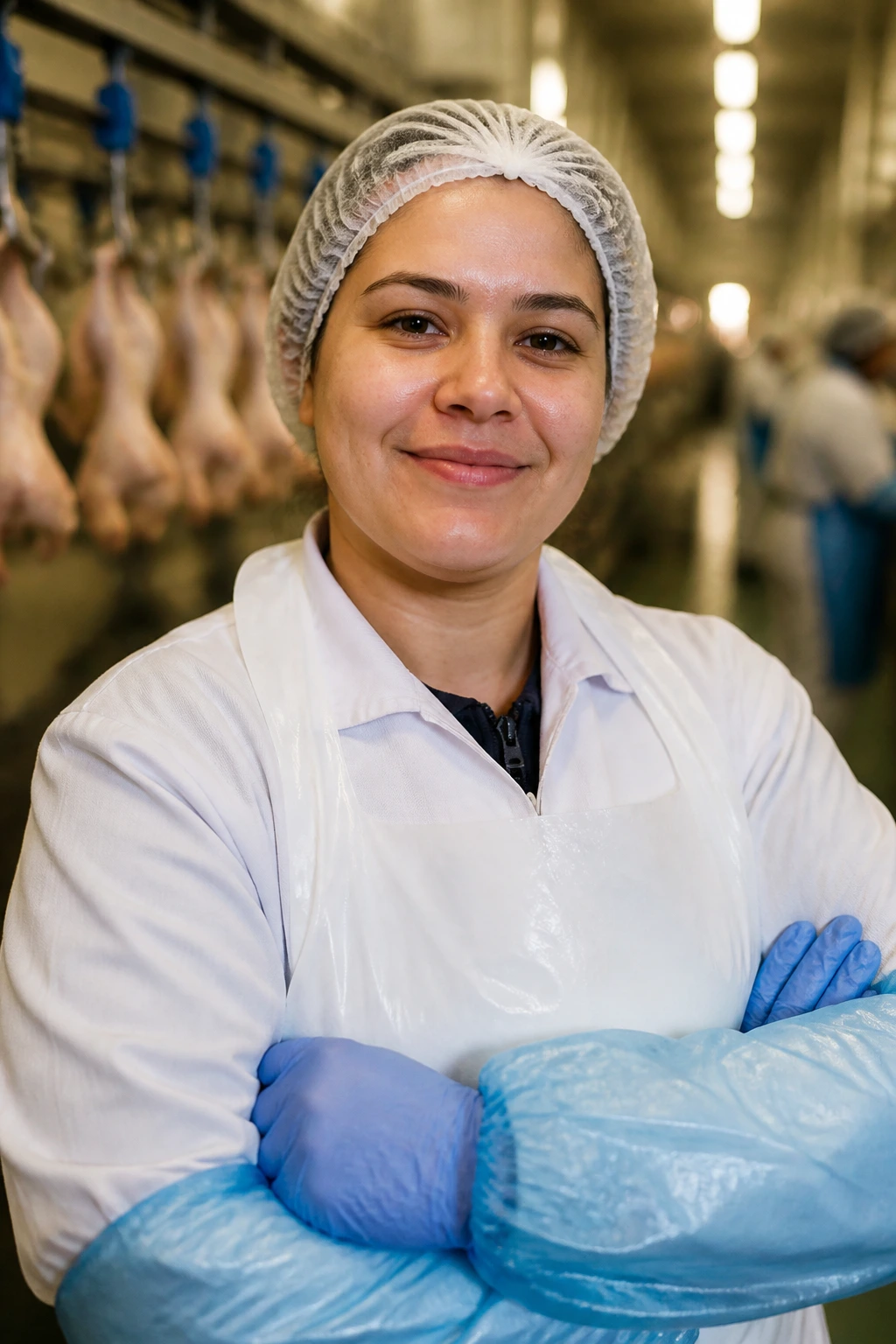 Poultry worker in PPE showing qualifications and skills in a processing plant