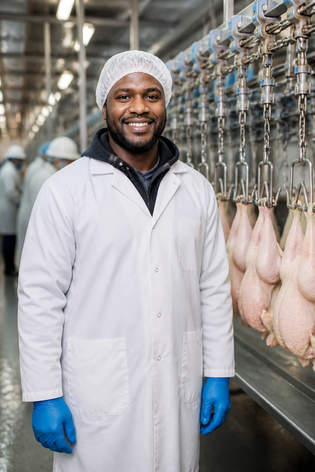 Happy poultry worker in a bright plant illustrating advantages