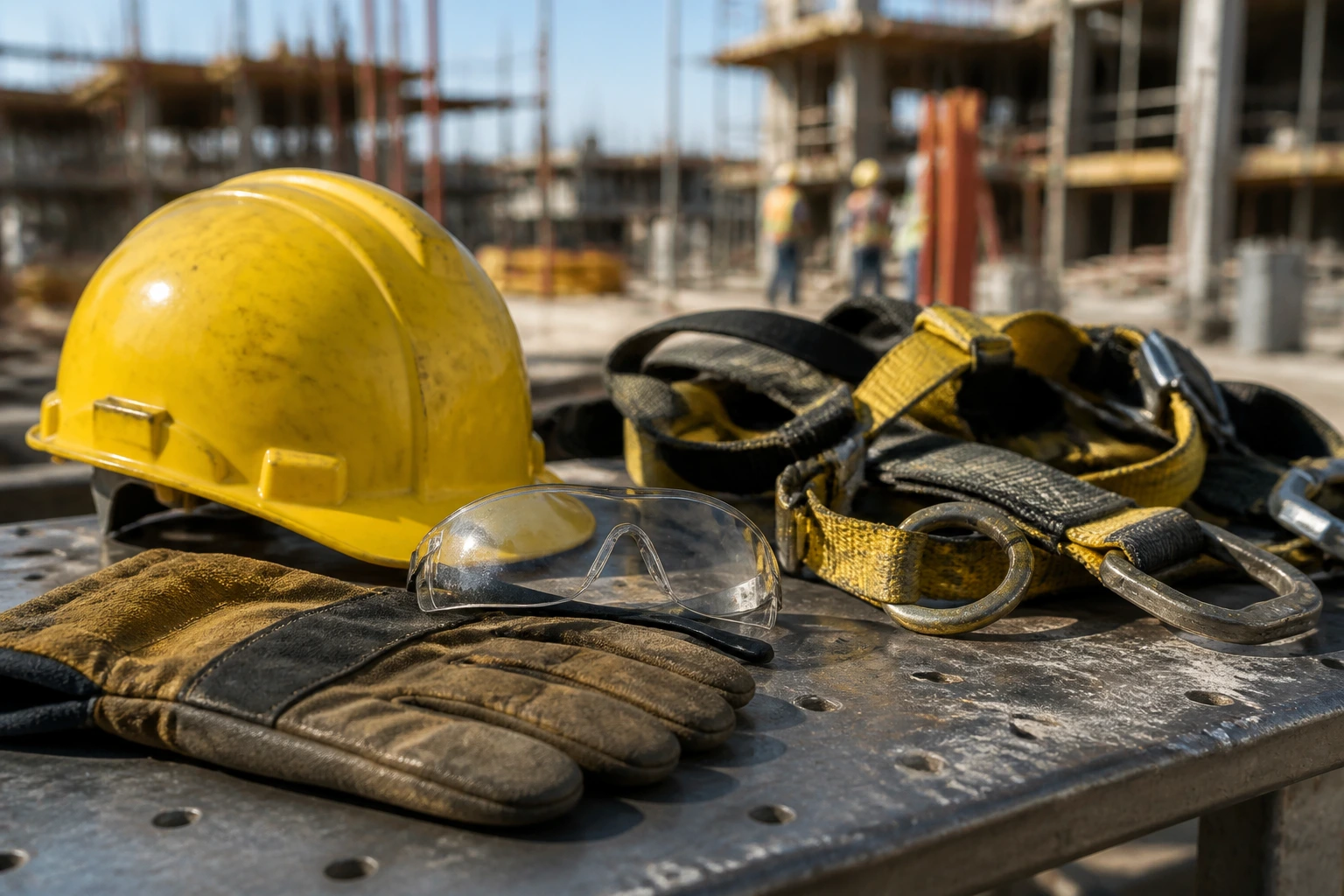 Close-up of safety gear arranged on a workbench in a construction setting