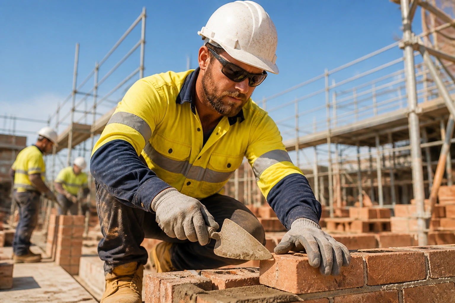 Bricklayer in full PPE on an active construction site