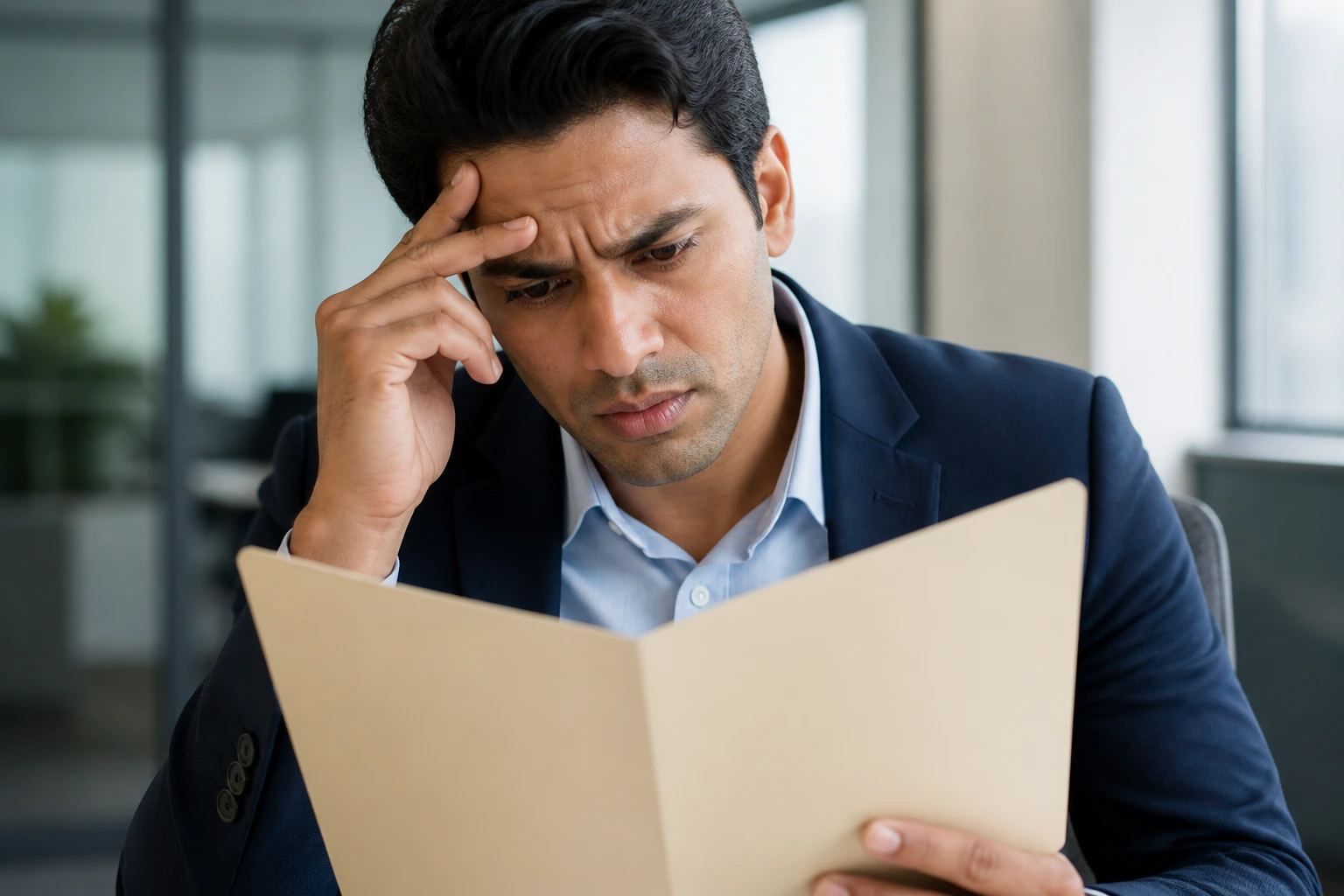 Portrait of a worried applicant with a blank folder