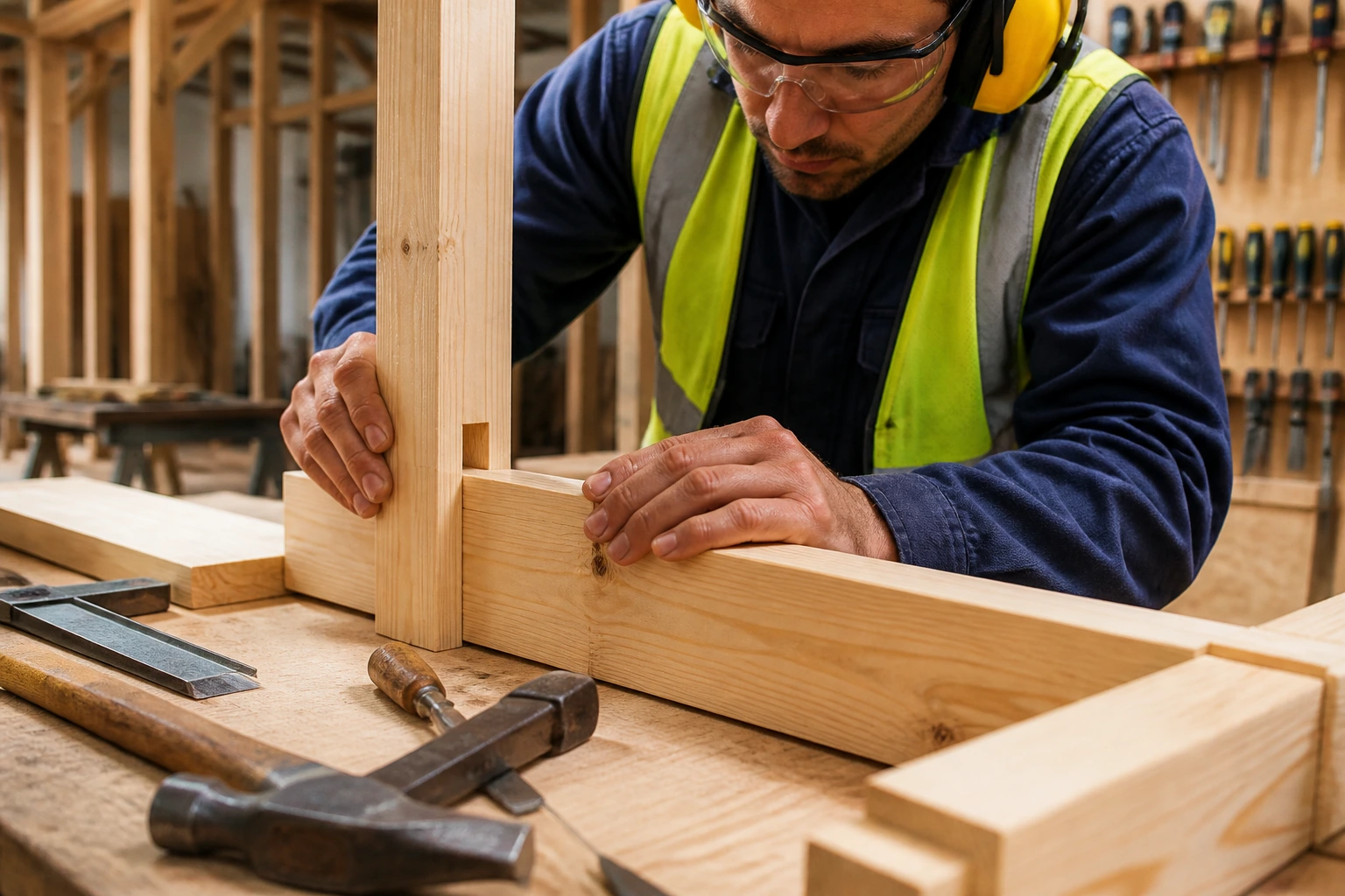 Close-up of a carpenter's hands performing a precise joint in a workshop
