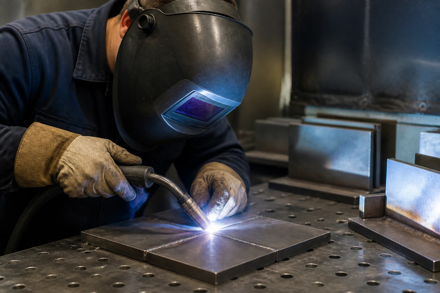 Welder performing a practical welding test in a booth, arc glow visible; no text