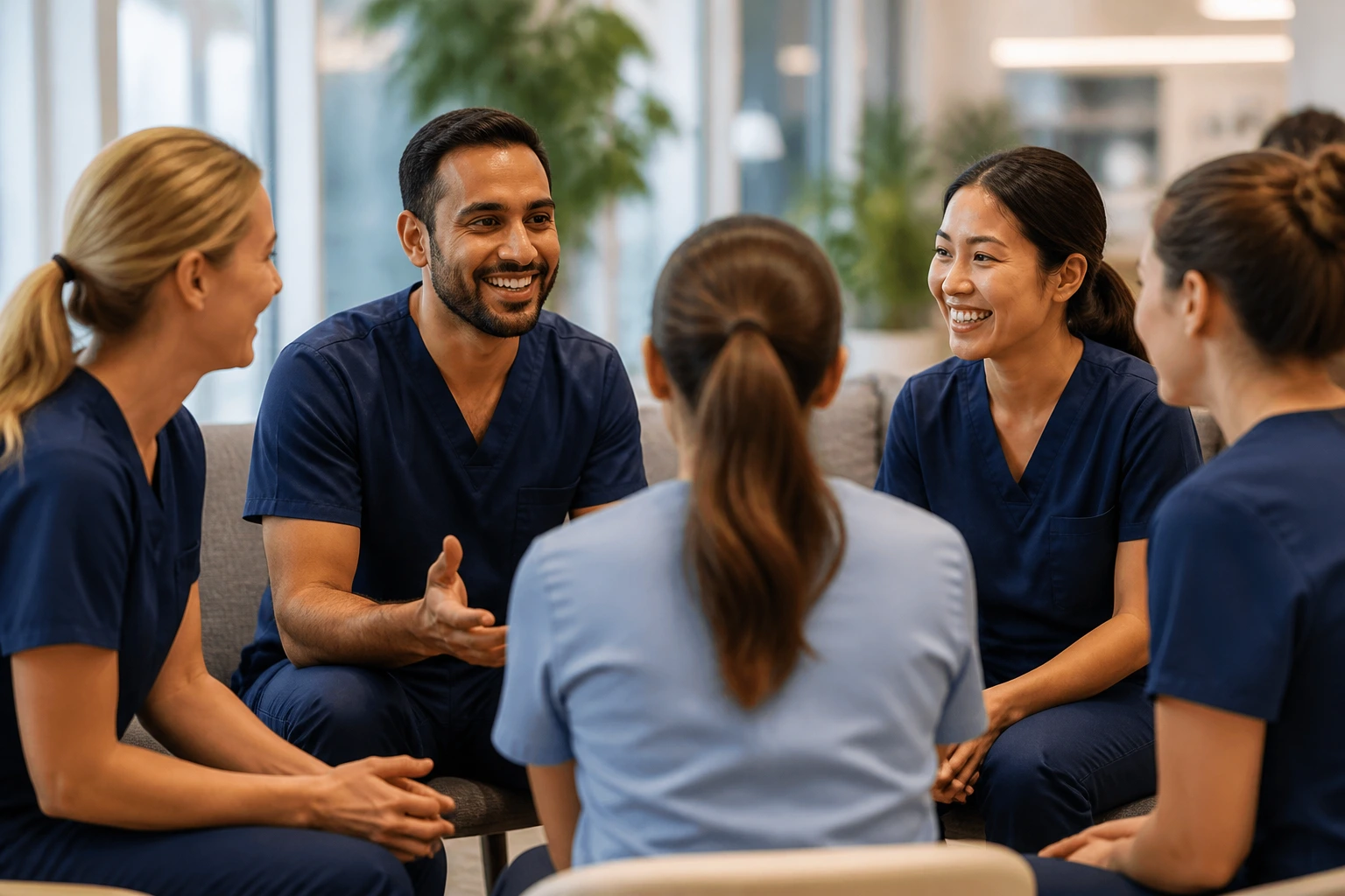 Diverse dental team in a modern clinic lounge discussing practice culture