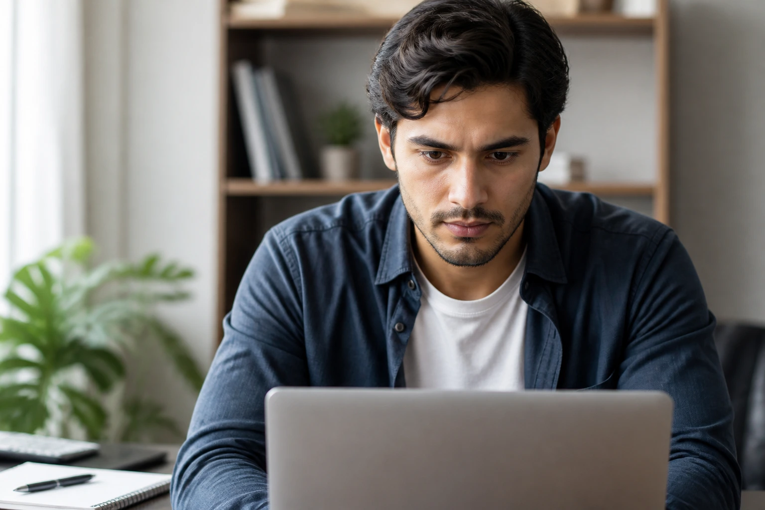 Focused job seeker at desk with laptop in a tidy home office
