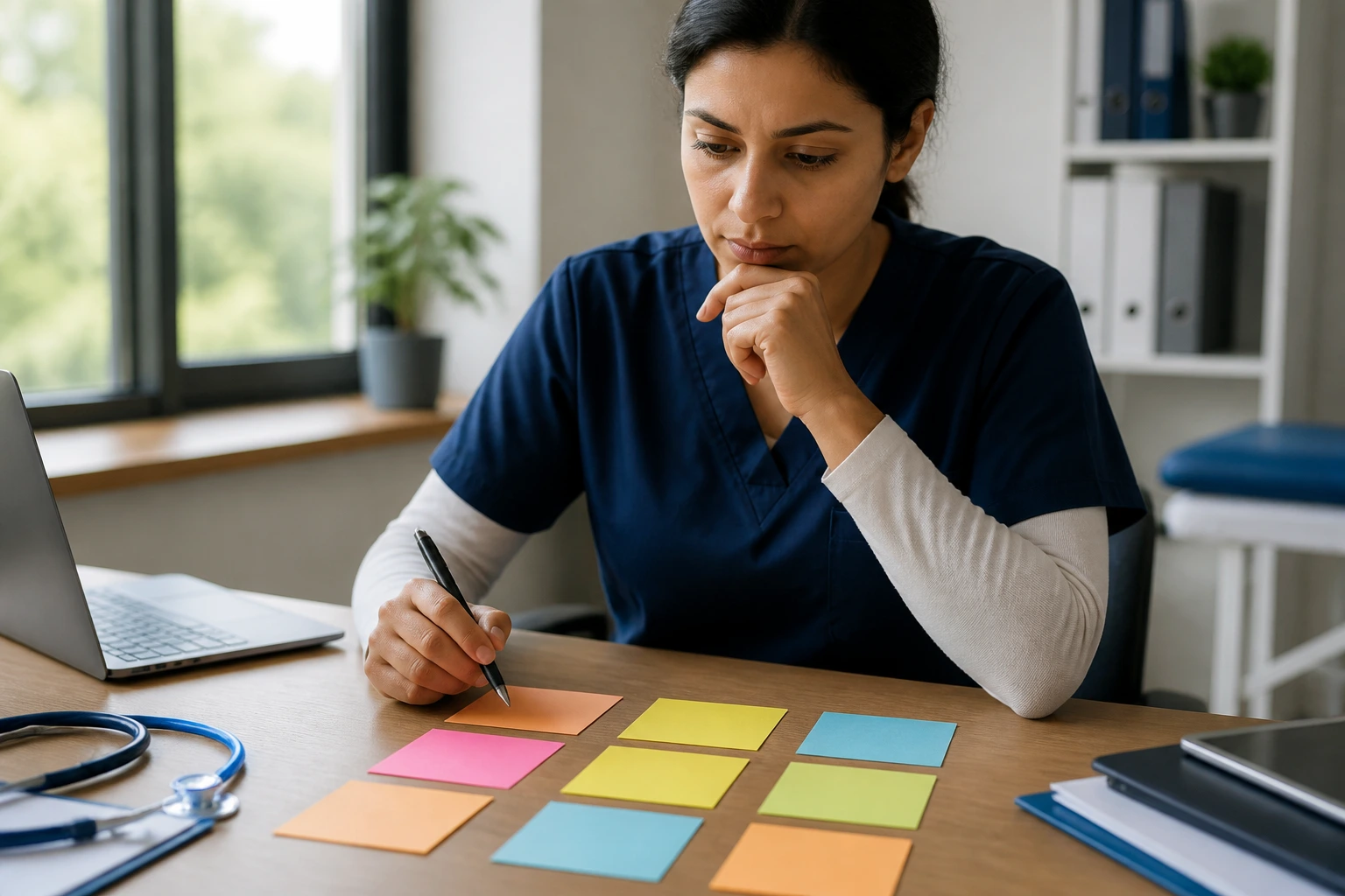 Close-up of a professional contemplating questions on sticky notes at a desk.