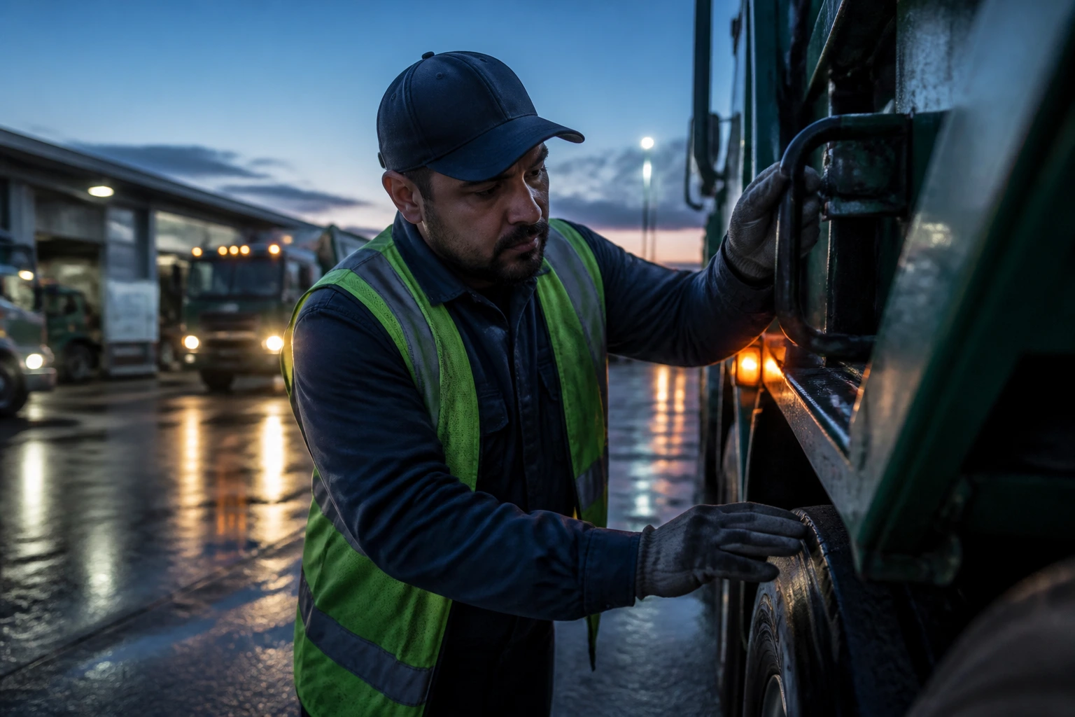 Close-up of a sanitation worker inspecting a garbage truck at pre-dawn in a yard
