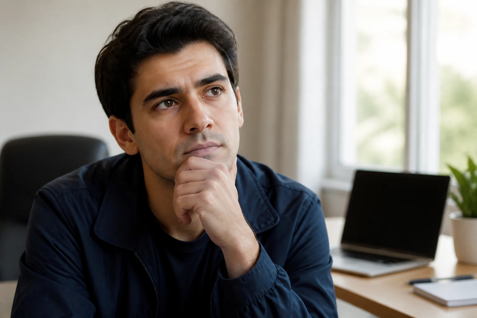 Job candidate in a quiet office, considering questions before accepting a job offer.