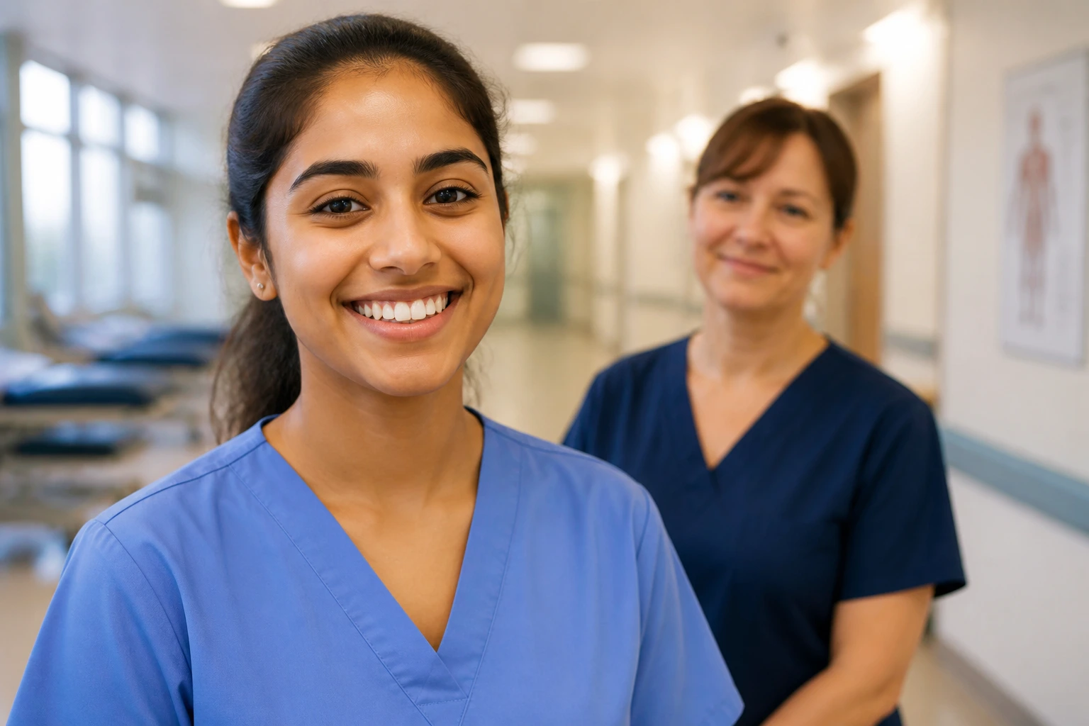 Junior physiotherapist with mentor discussing care in a hospital setting