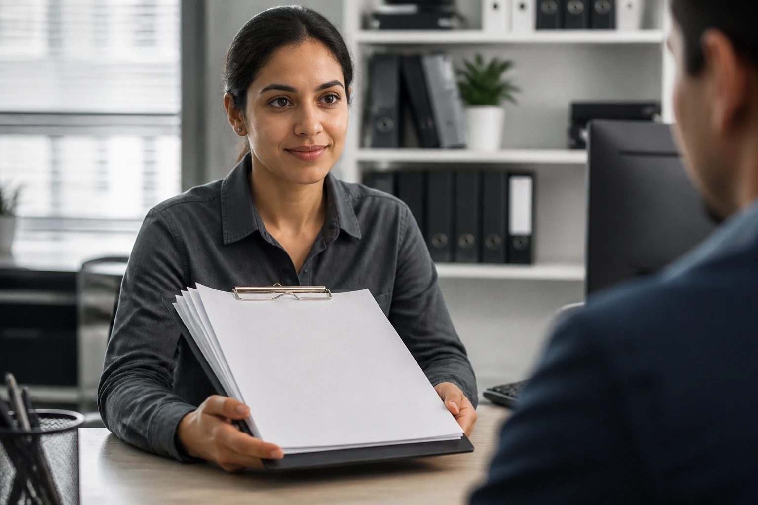 Applicant holding documents for pre-hire checks.