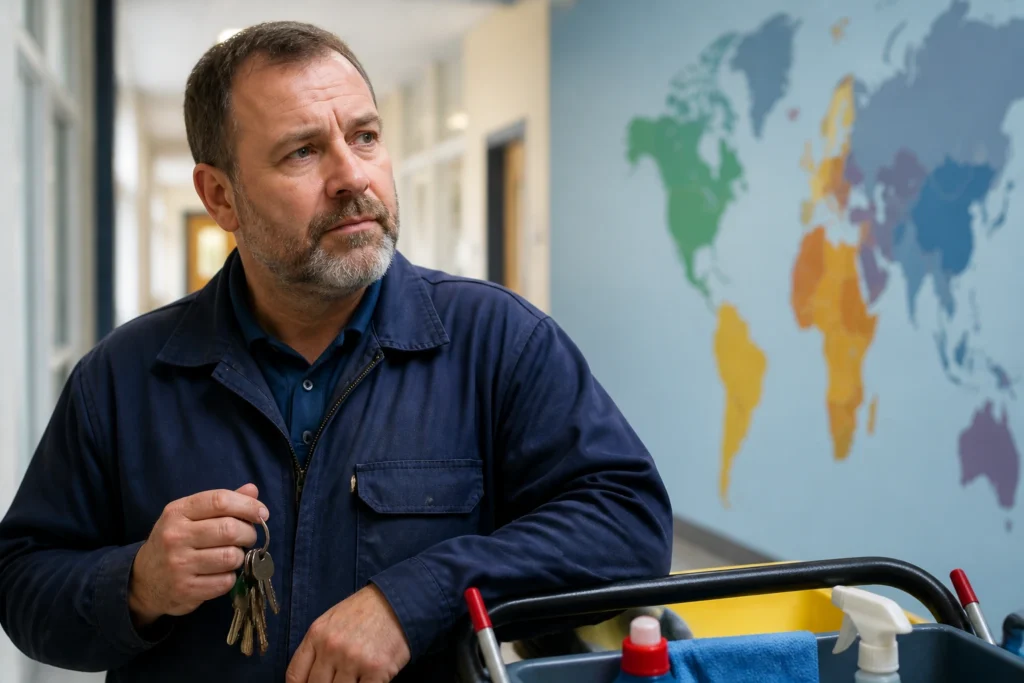 Caretaker in school corridor with background suggesting international recruitment