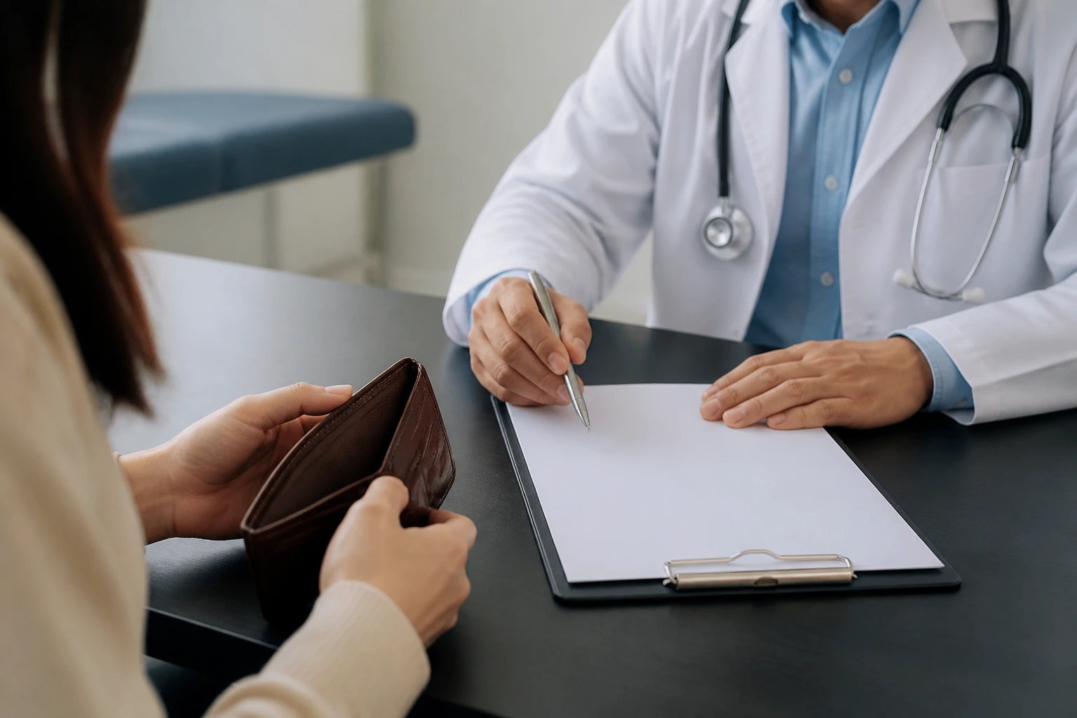 Person at a desk contemplating medical costs with a blank sheet of paper