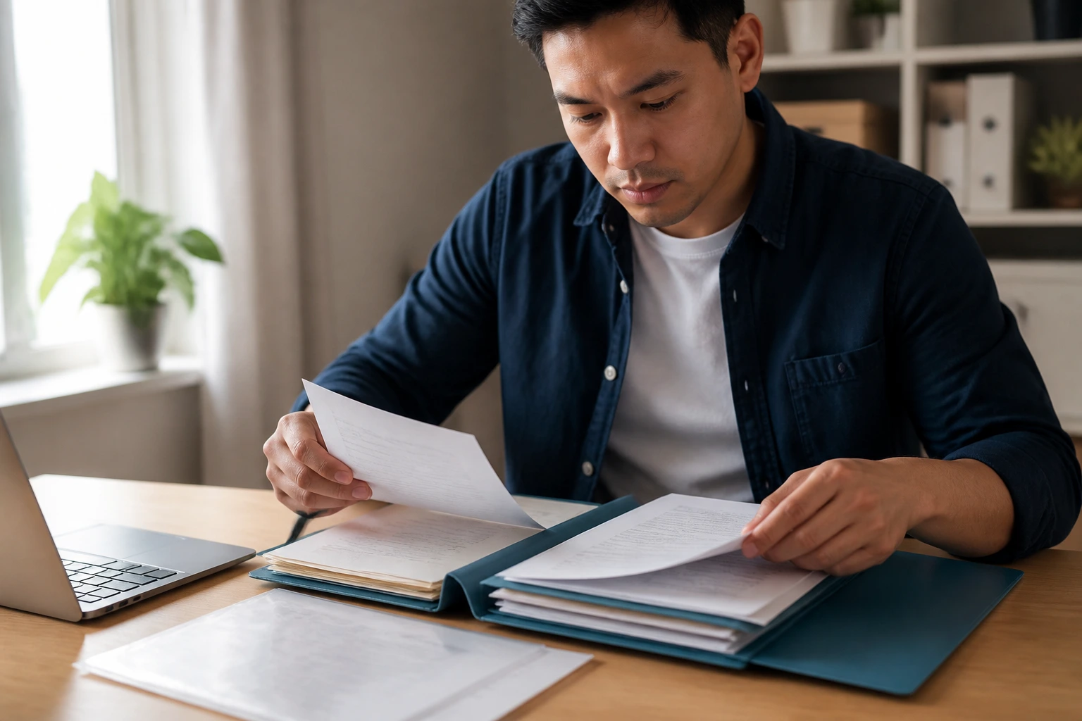 Person organizing documents and a checklist on a desk