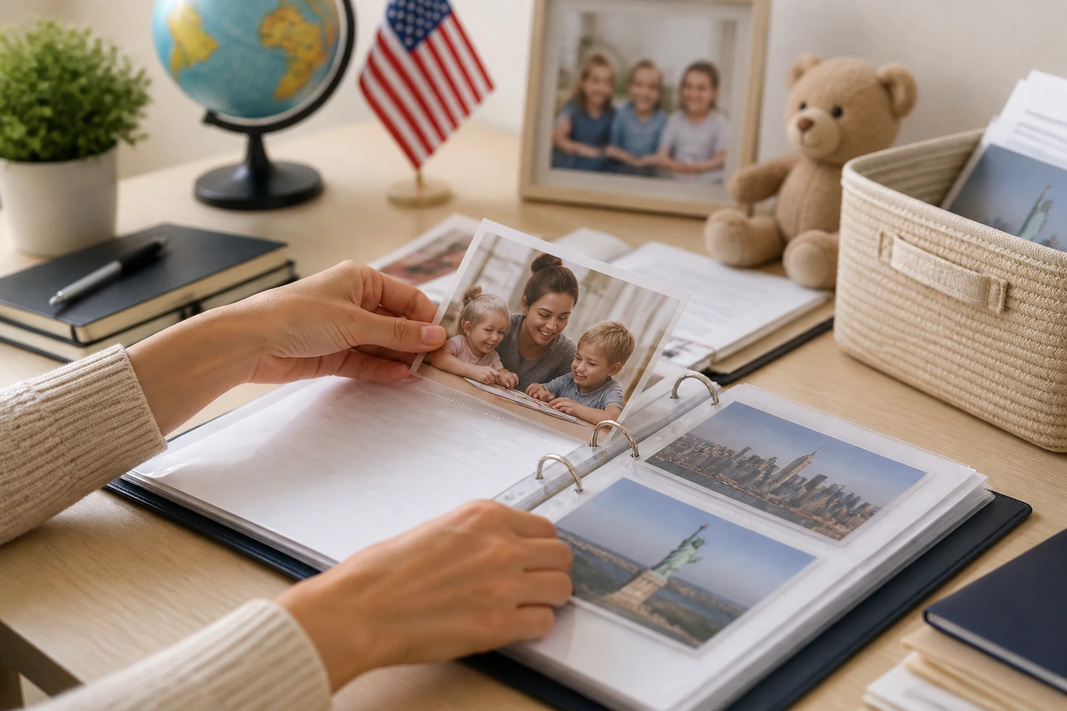 Close-up of a person organizing photos into a binder on a desk