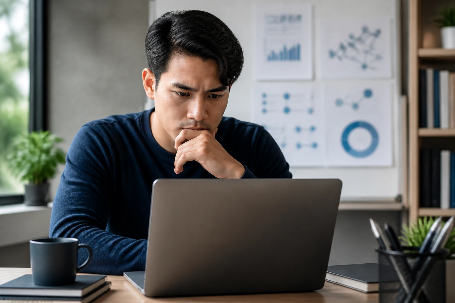 Candidate evaluating readiness with portfolio on a laptop
