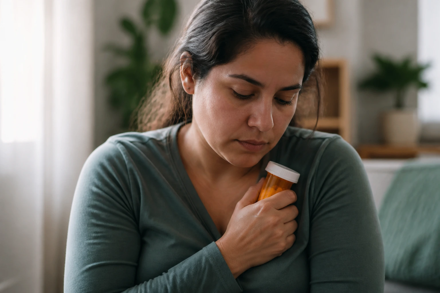 Close-up of a person holding a medication bottle in a calm home setting