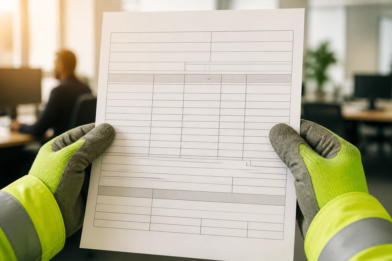 Close-up of gloved hands holding a blank form for wage notices, no text
