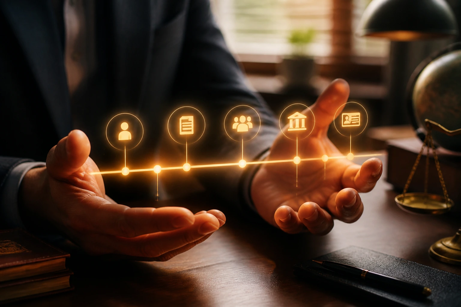 Close-up of hands holding a glowing abstract timeline symbolizing priority dates in an office