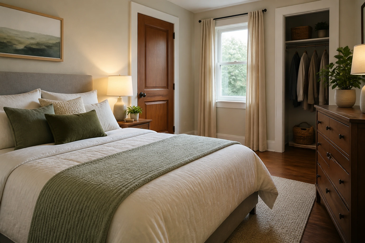 Private bedroom in a family home showing a real bed, a closed door, and storage to illustrate proper live-in nanny accommodation