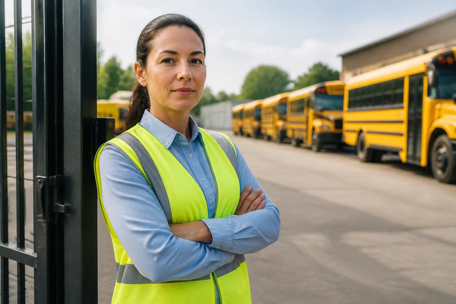 Dispatcher at a private bus yard gate with buses in the background