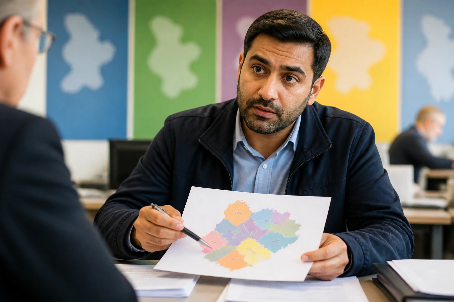 Real person in a licensing office with a color-blocked background hinting at different councils.