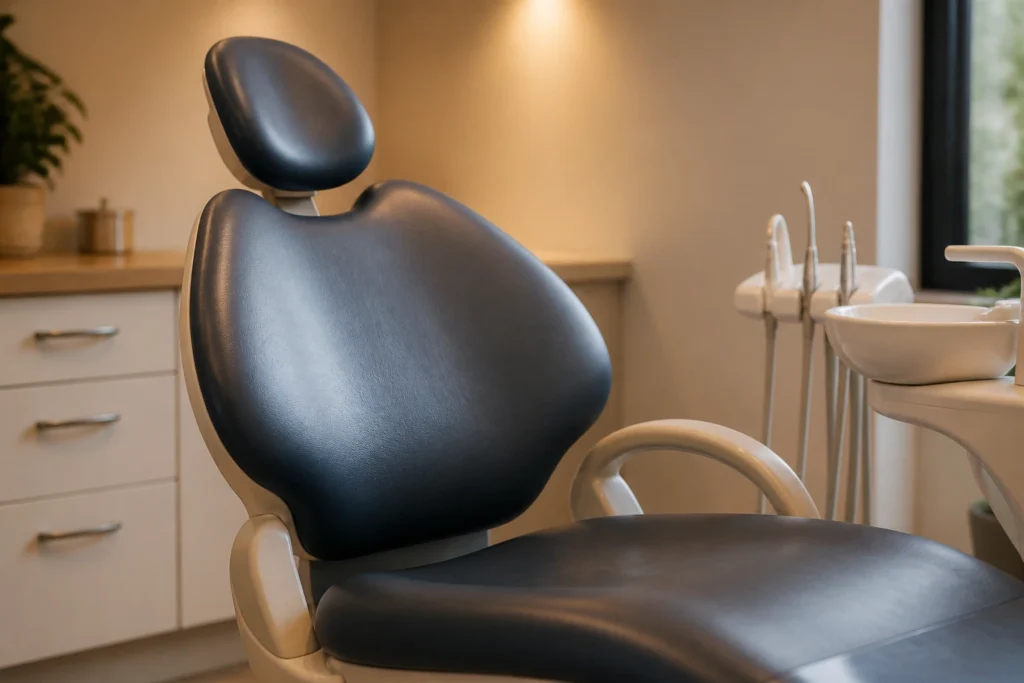 Close-up of a private dental chair in a small practice interior
