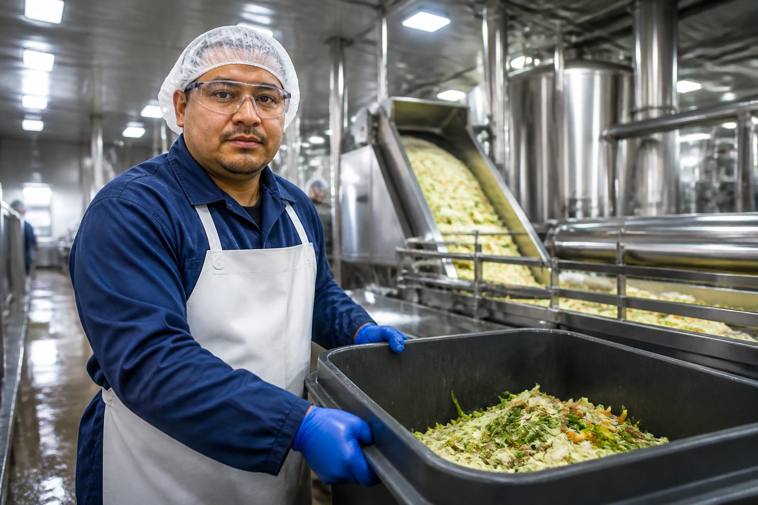 Sanitation worker in a food plant with stainless steel equipment behind
