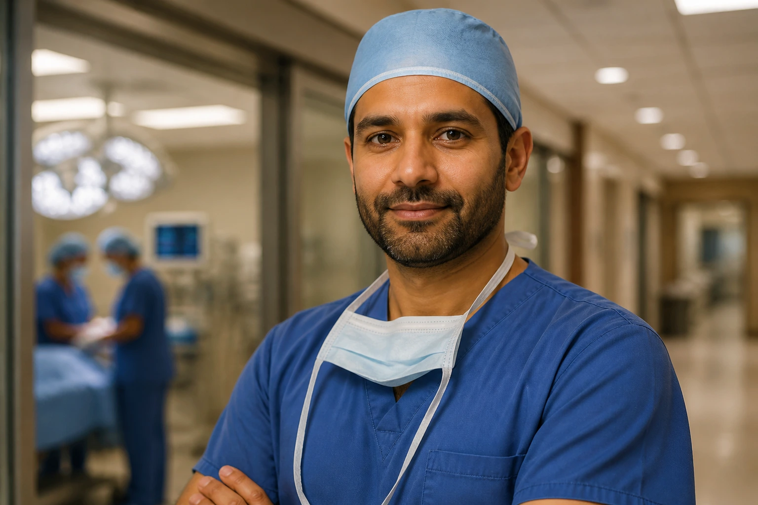 Physician in surgical scrubs in hospital corridor