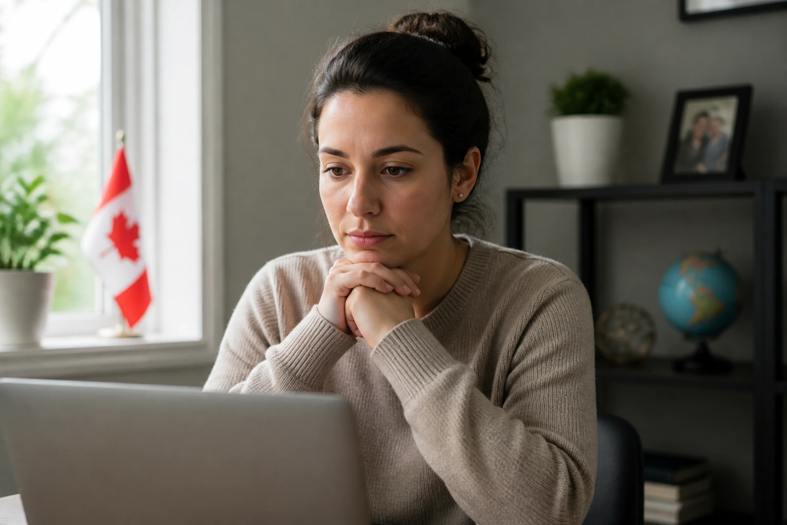 Person waiting patiently in home office for processing times